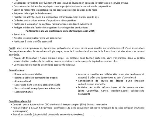 Radio Campus Clermont recherche un.e chargé.e de mission pour les 30 ans de l’association